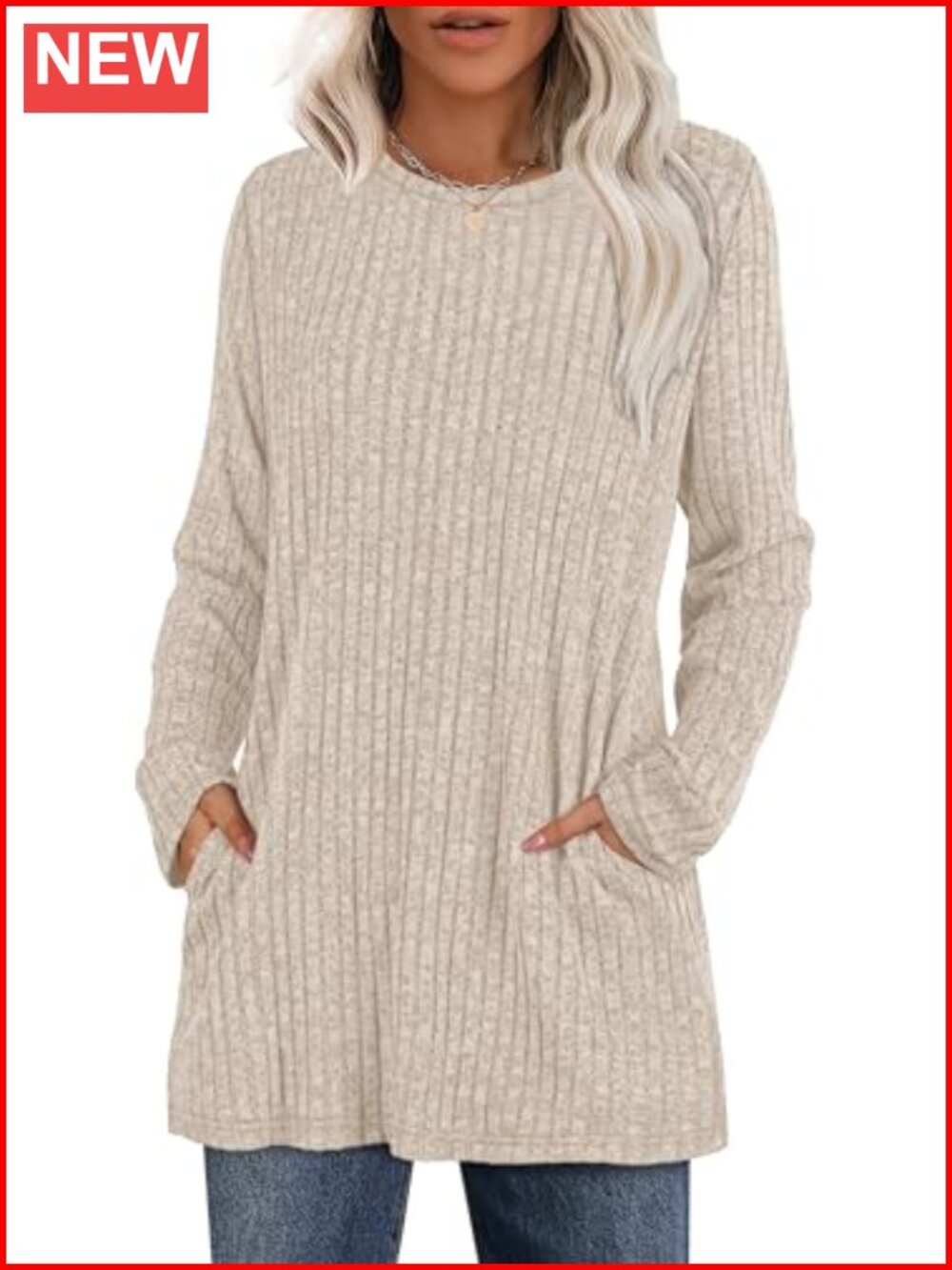 Women's Long Sleeve Tunic Top Crewneck Loose Fit Sweater with Pockets